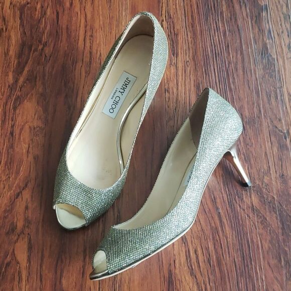 Jimmy Choo Shimmery Gold Mesh Overlay Wedding Party Kitten Heels Size 38 - Picture 1 of 11
